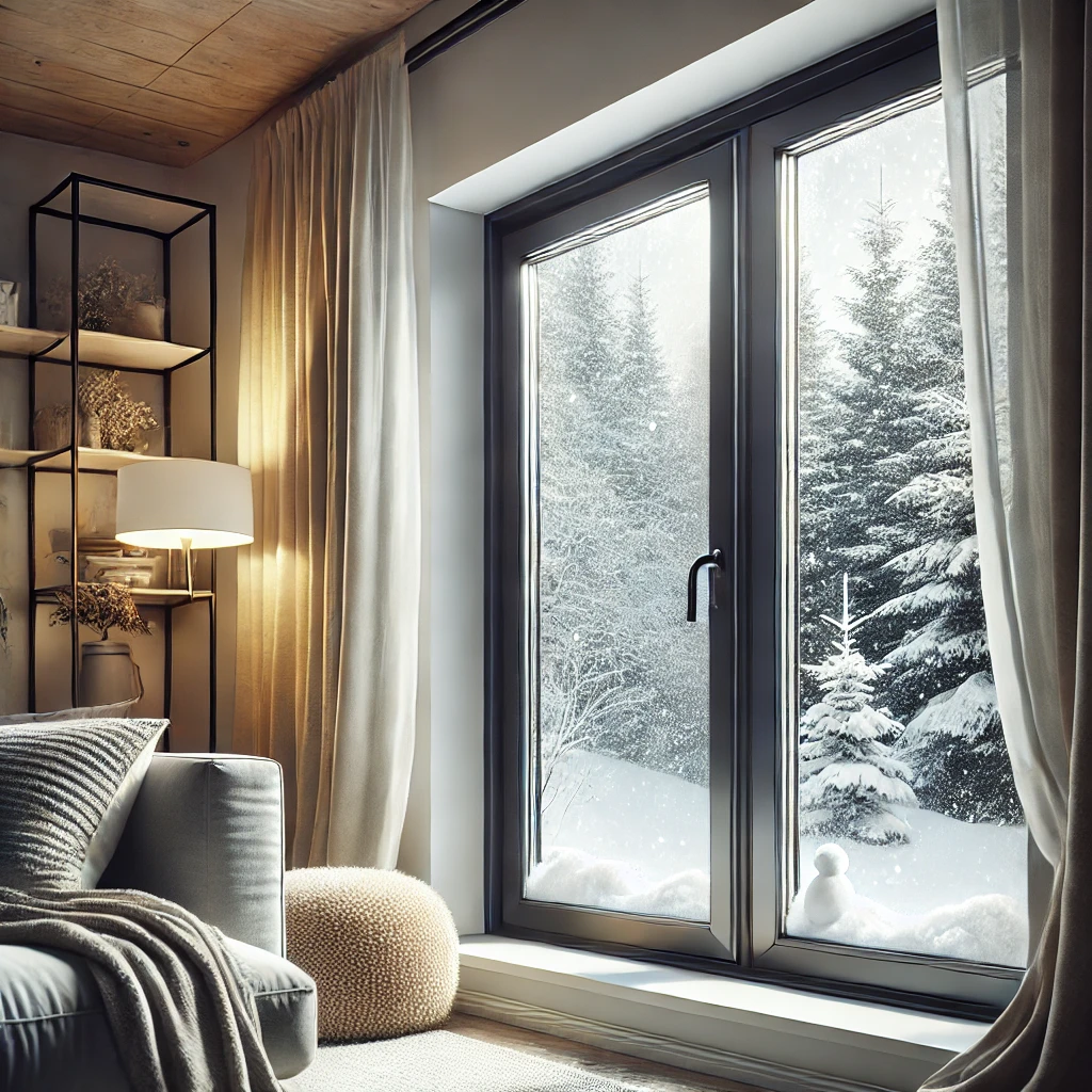 Ventanas modernas con aislamiento térmico, rodeadas de cortinas gruesas, mostrando un paisaje invernal con nieve cayendo afuera.