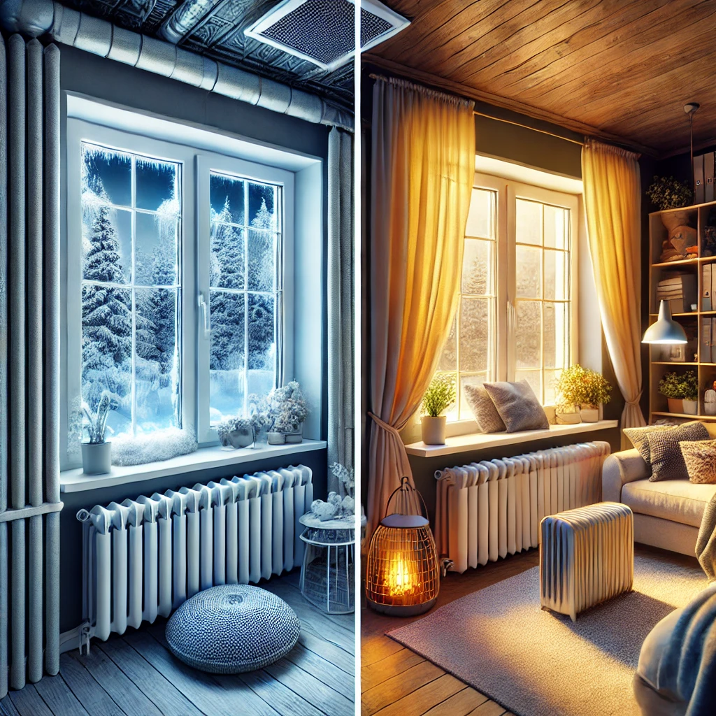 Interior acogedor de una habitación con grandes ventanas de doble acristalamiento y cortinas gruesas, mostrando un ambiente cálido y confortable. Afuera, se ve un paisaje invernal nevado, contrastando con el interior cálido, lo que destaca la efectividad del aislamiento de las ventanas