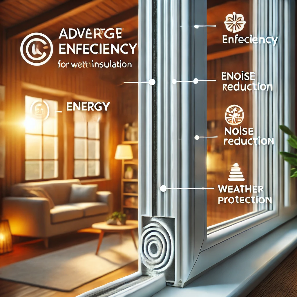 Imagen que muestra una ventana con burletes alrededor de los bordes, destacando cómo sellan las filtraciones de aire. Fondo acogedor con luz cálida, representando ahorro de energía y confort mejorado en el hogar.